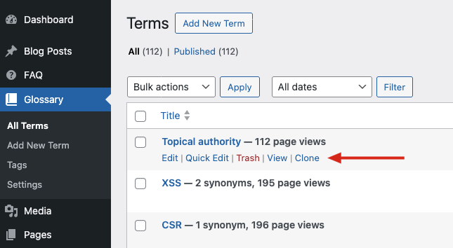WordPress Posts list with hover row showing standard actions (Edit, Quick Edit, Trash, View) and the Clone action appended next to them