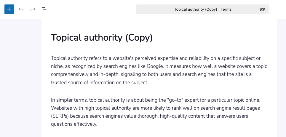 WordPress block editor showing a freshly cloned post: title ends with (Copy), draft status badge visible, featured image preserved, full content body intact