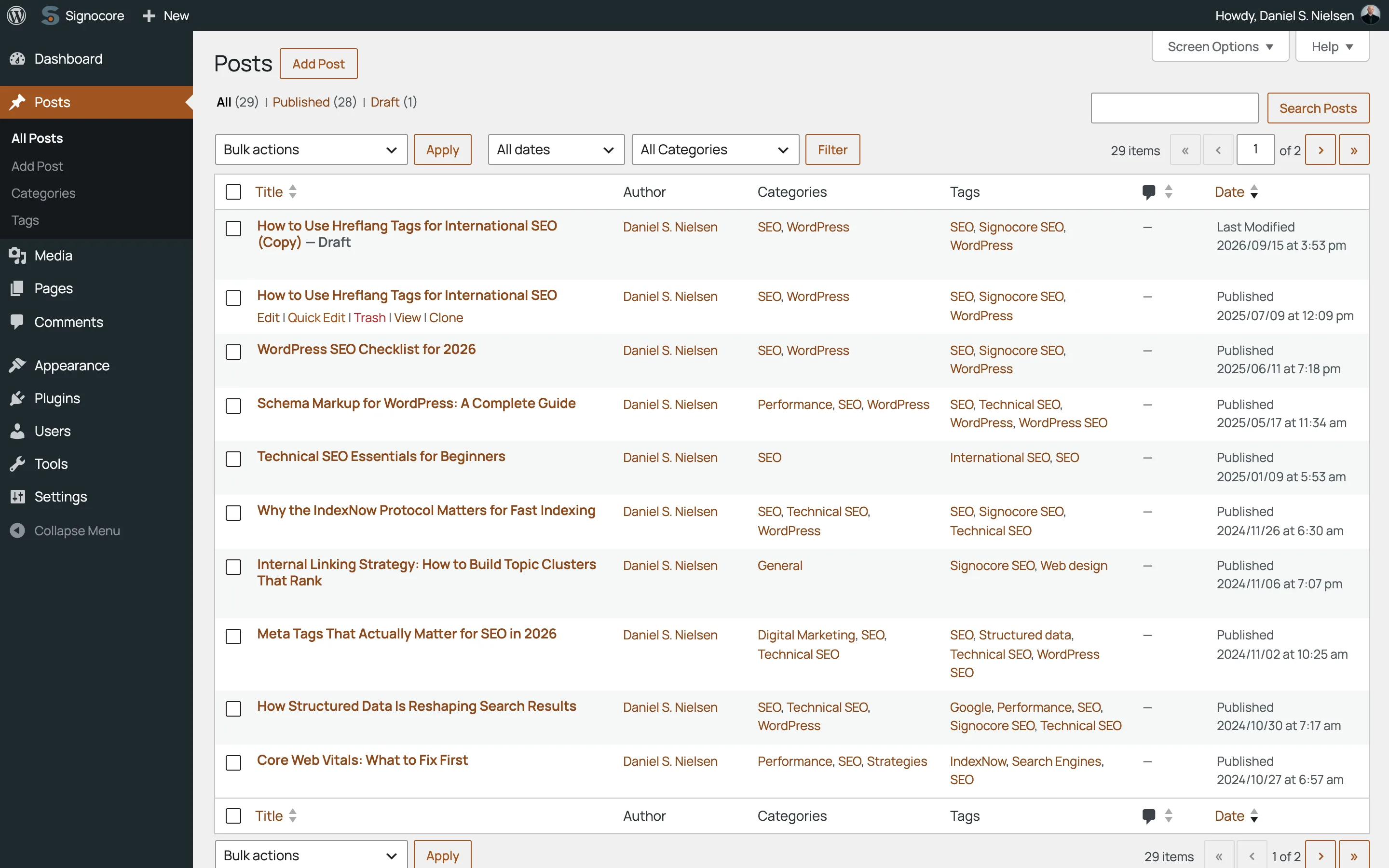 The WordPress Posts list with the Clone row action shown on a post, and the clone it made as a draft with (Copy) after its title