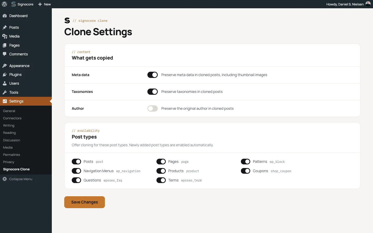 Clone Settings: what gets copied (meta data, taxonomies, author) and the post types that can be cloned