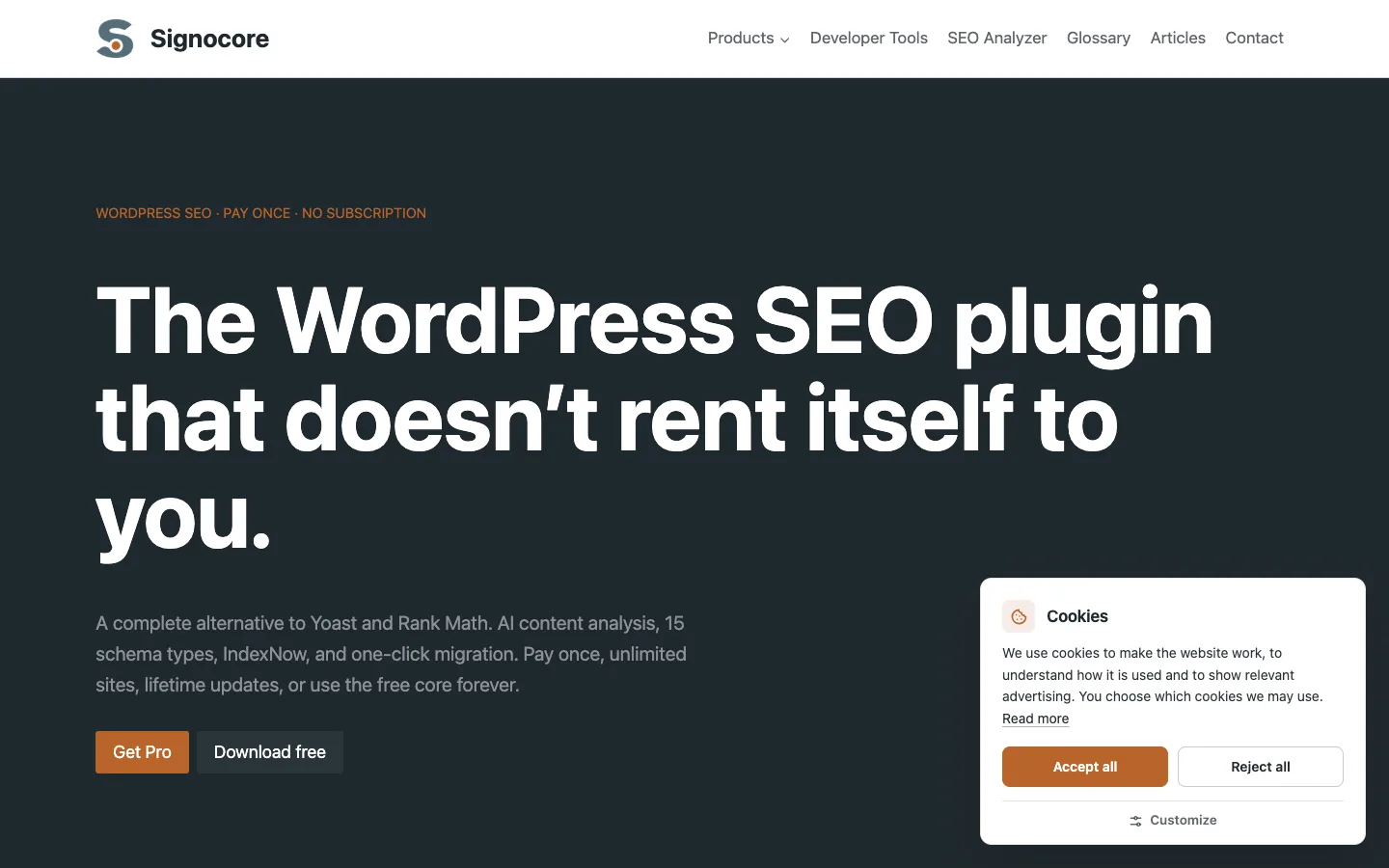 A site home page with the Signocore Consent cookie banner in the bottom right corner: Accept all and Reject all side by side, with Customize below