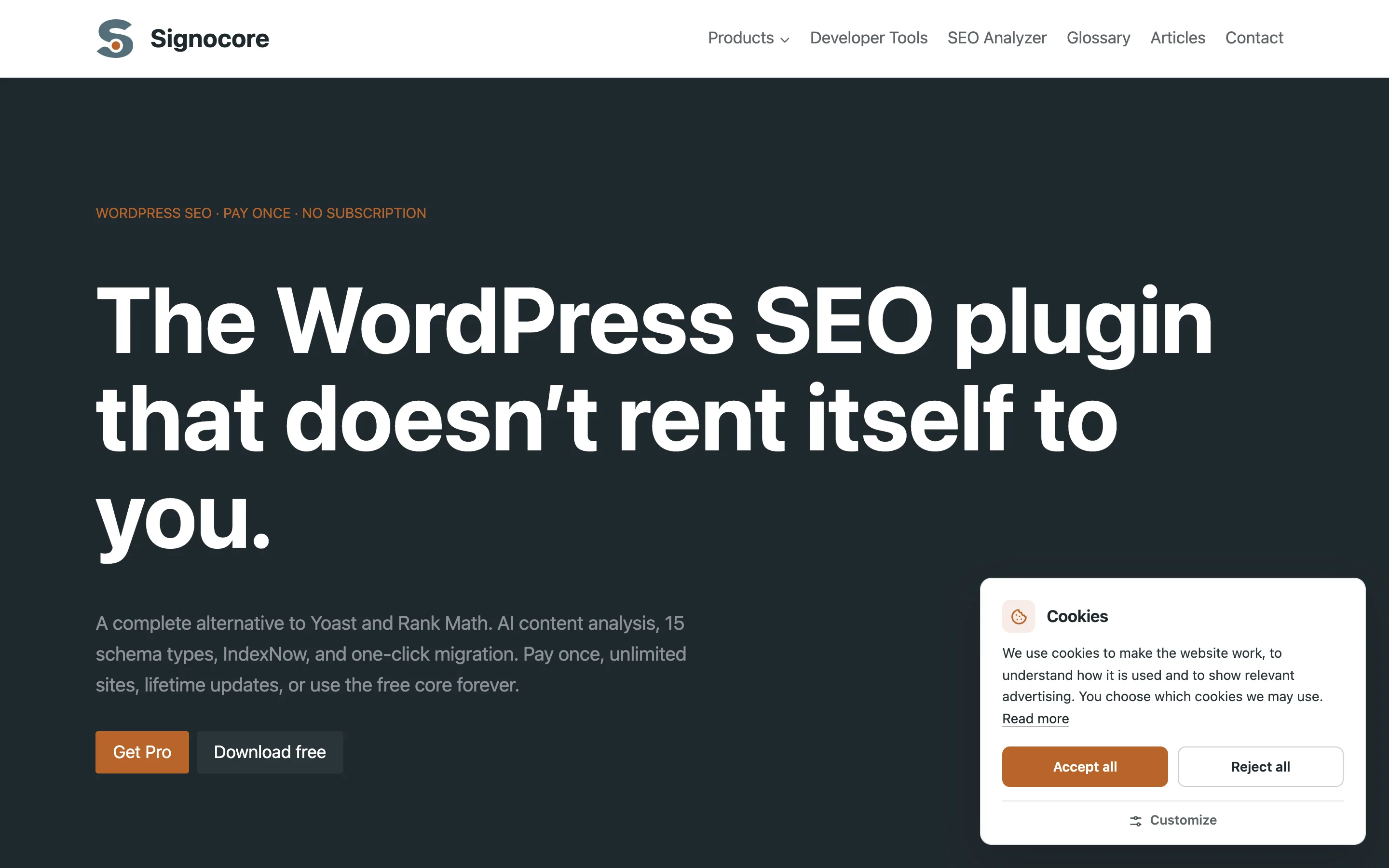 A site home page with the Signocore Consent cookie banner in the bottom right corner: Accept all and Reject all side by side, with Customize below