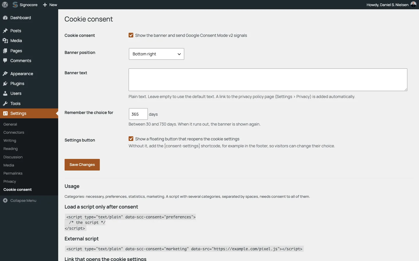 Settings, Cookie consent in WordPress admin: the banner switch, position, banner text, how long the choice is remembered and the settings button