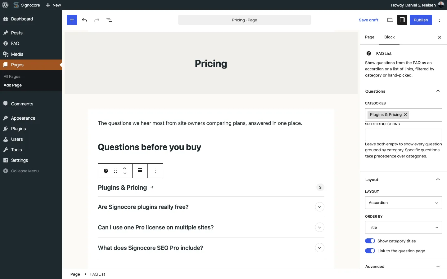 The block editor with the FAQ List block on a Pricing page: questions from the Plugins & Pricing category as an accordion, with the block's category, layout and order settings in the sidebar