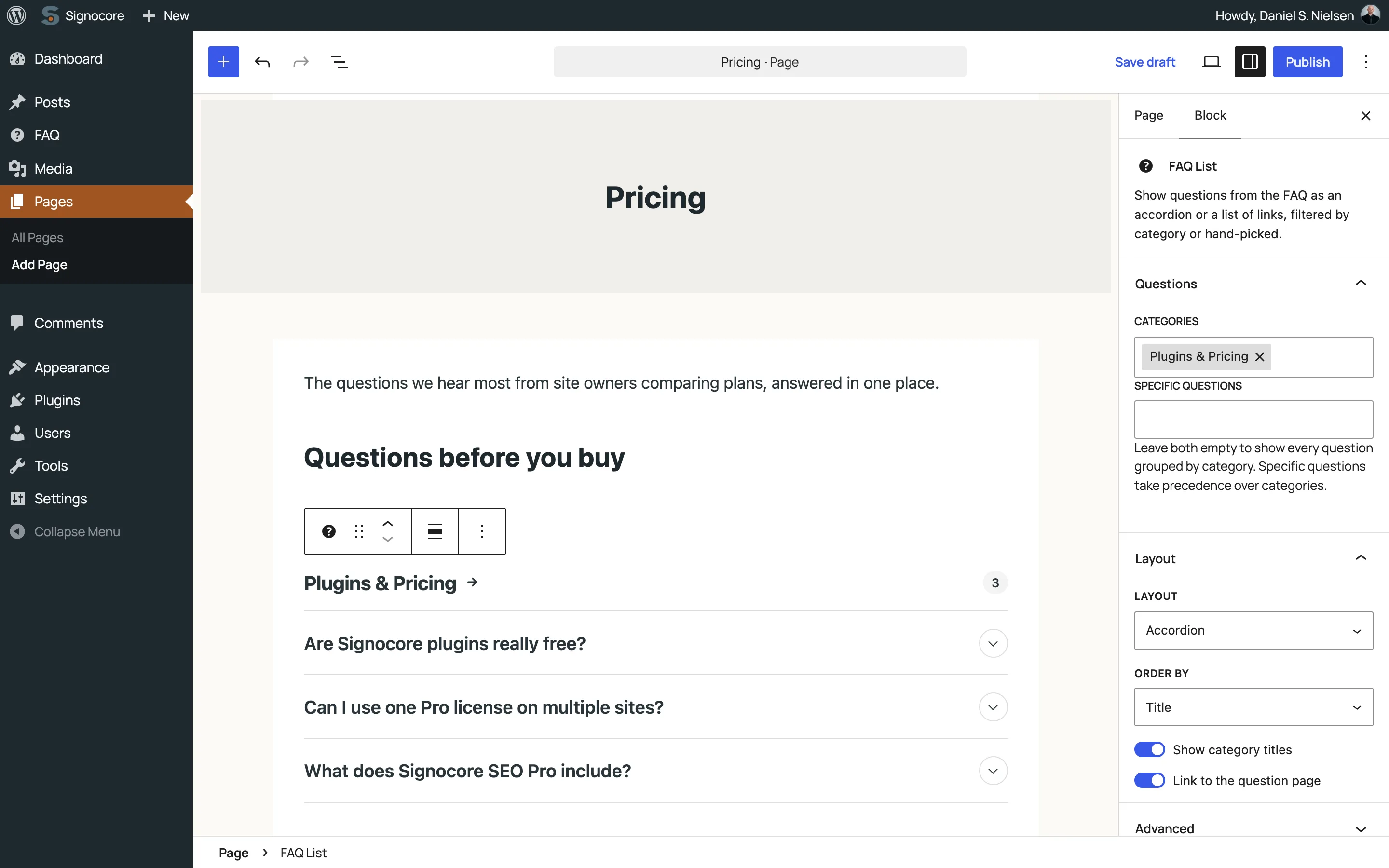 The block editor with the FAQ List block on a Pricing page: questions from the Plugins & Pricing category as an accordion, with the block's category, layout and order settings in the sidebar
