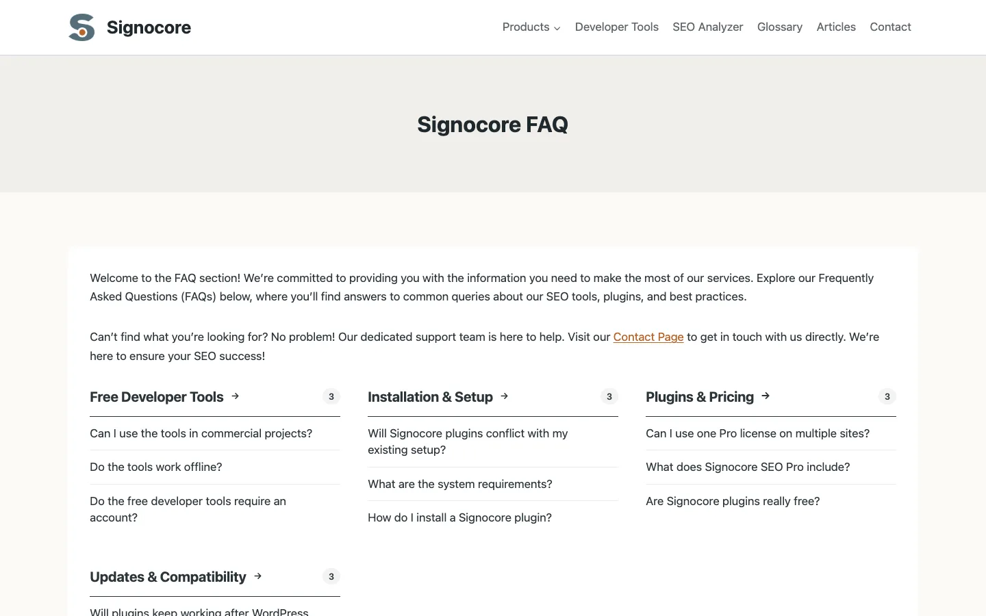 An FAQ page built with Signocore FAQ: questions grouped into category columns with a count on each category