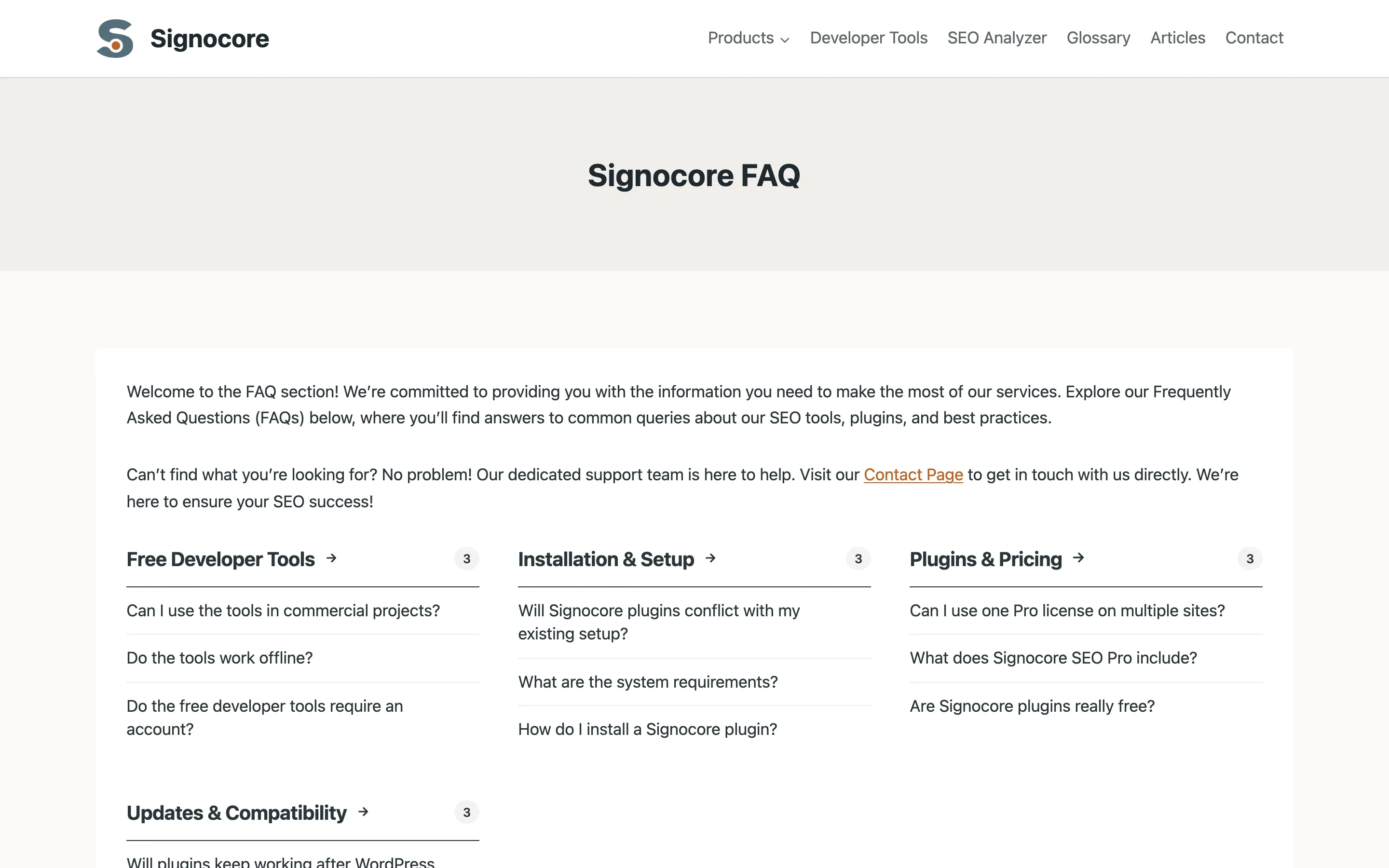 An FAQ page built with Signocore FAQ: questions grouped into category columns with a count on each category