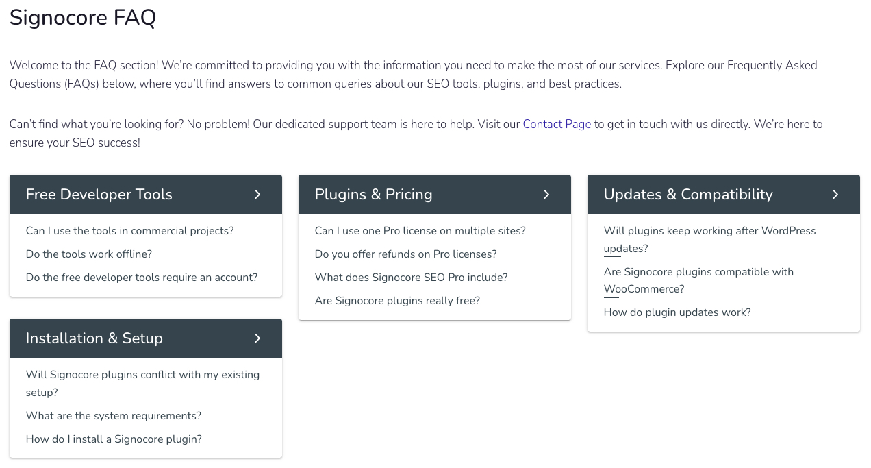 Frontend FAQ index page showing categories as section headings (e.g. Billing, Account, Shipping) with linked question titles grouped underneath each category, organised in multiple columns