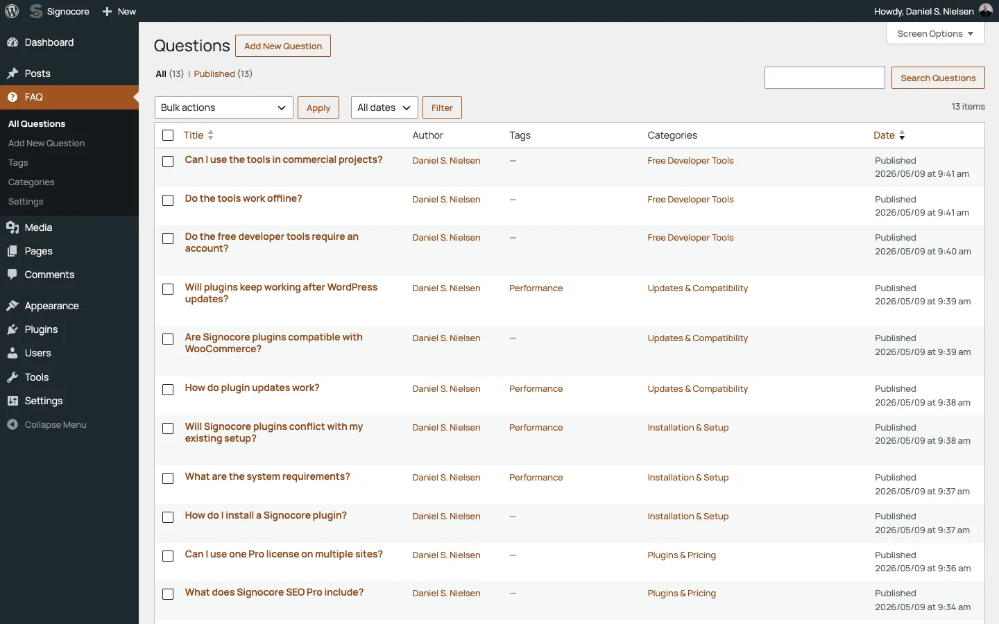 The Questions list in WordPress admin with each question's category