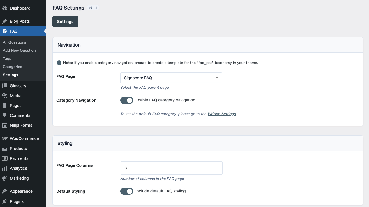Gutenberg editor with the Signocore FAQ block selected, showing a question input field and an InnerBlocks answer area, with the block sidebar visible on the right
