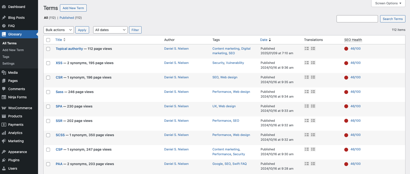 WordPress admin Glossary terms list (custom post type wpsseo_term) showing a table of terms with columns for title, author, and date - several terms visible with their custom headlines