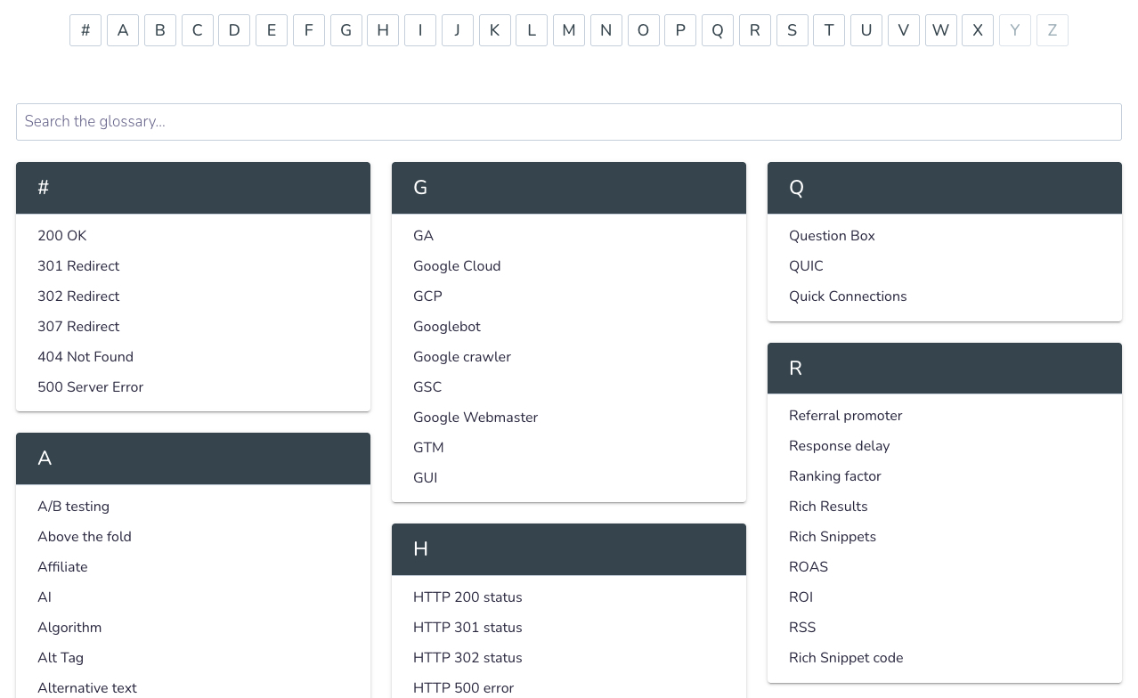 Frontend glossary page with A-Z navigation along the top, terms organised alphabetically below in 3 columns, each term linking to its dedicated page