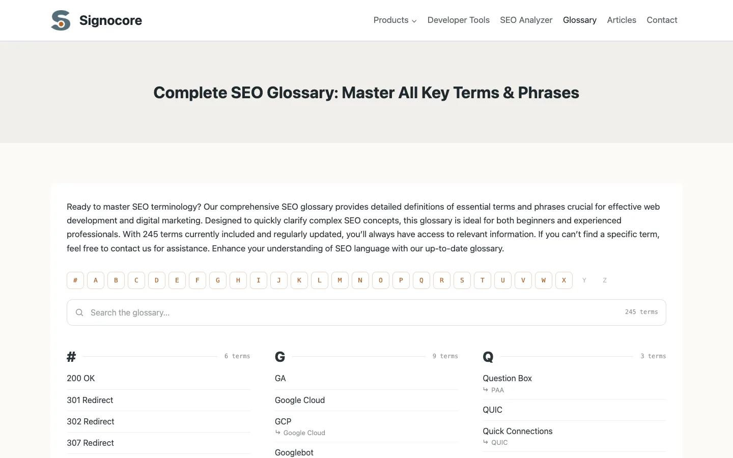 A glossary page built with Signocore Glossary: an A-Z letter bar, a search field and terms grouped by letter in three columns, with synonyms under their terms