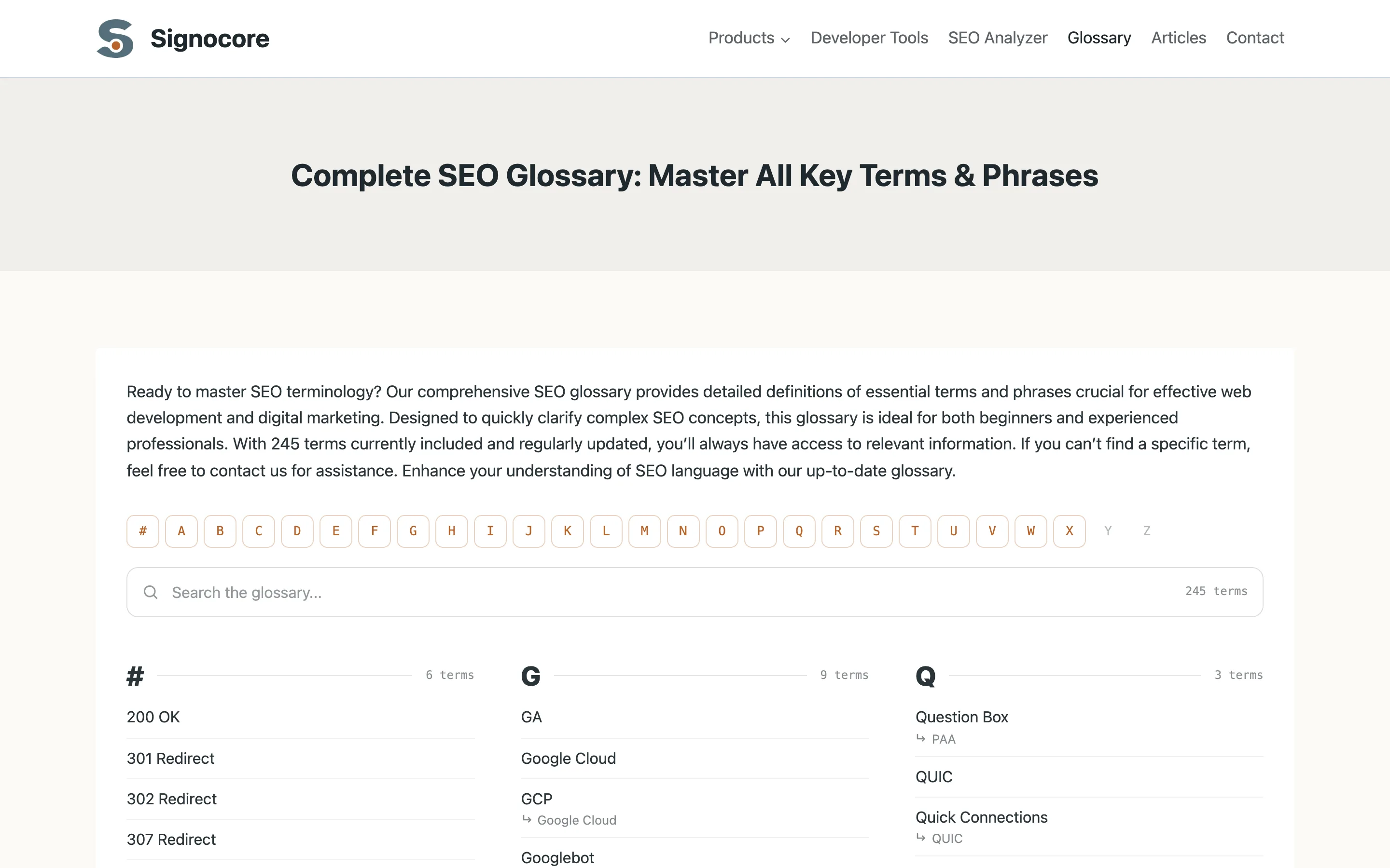 A glossary page built with Signocore Glossary: an A-Z letter bar, a search field and terms grouped by letter in three columns, with synonyms under their terms