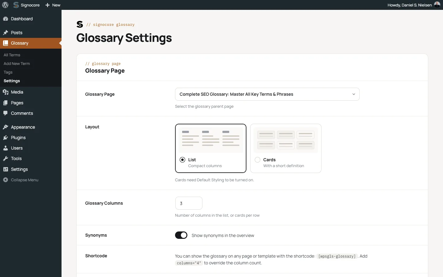 Glossary Settings: the glossary page, a list or cards layout, the column count, synonyms and the shortcodes