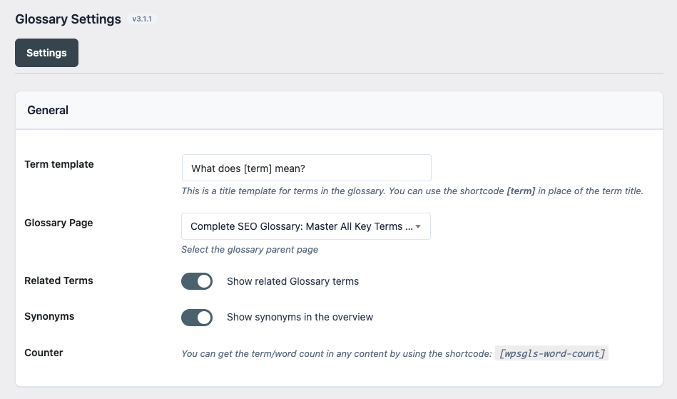 Glossary Settings page showing the glossary page selector dropdown, column count input, and toggle switches for show synonyms, related terms, related questions, default styling