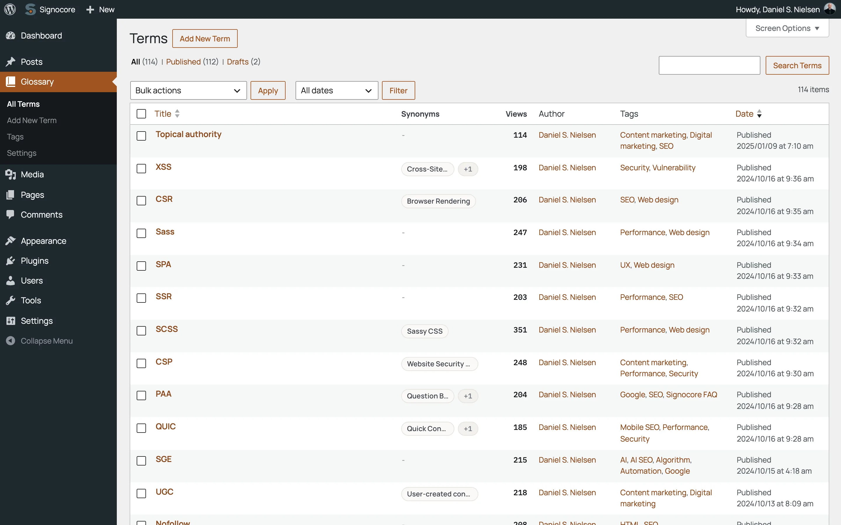 The Terms list in WordPress admin: glossary terms with their synonyms, tags and publish dates