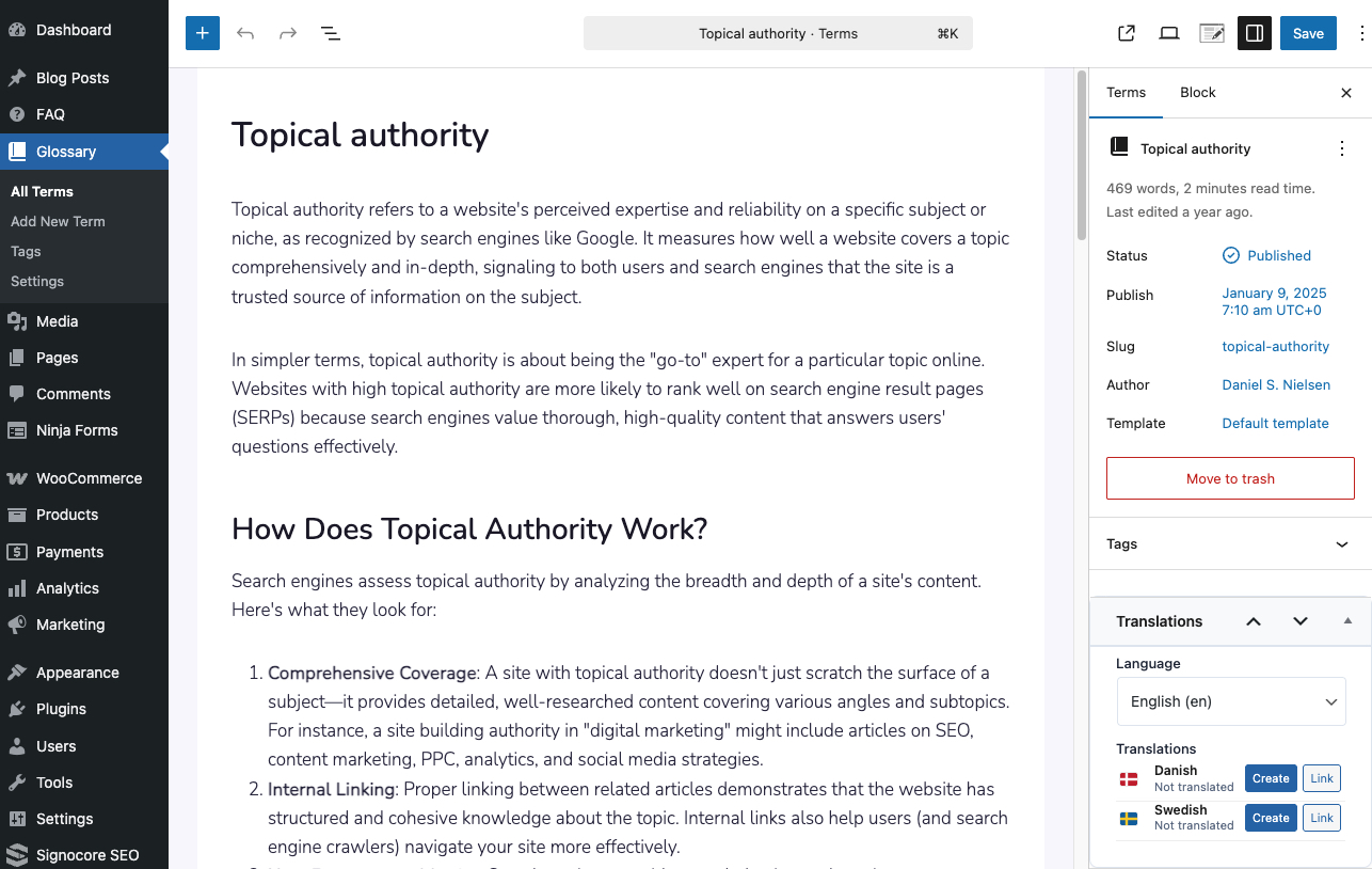Post editor sidebar metabox showing translation status for each active language with quick-create draft buttons