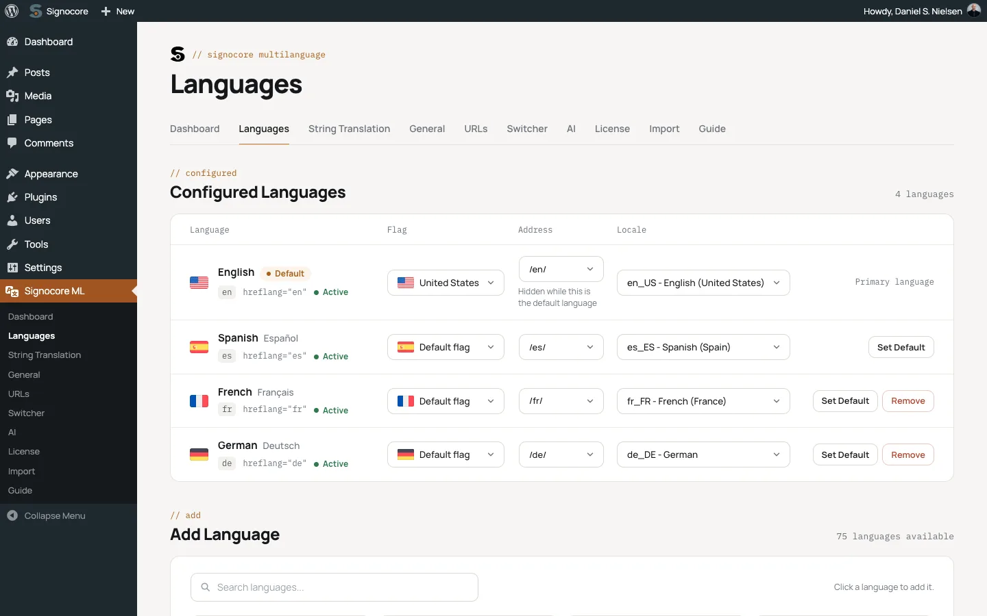 The Languages screen with English as the default language and Spanish, French and German added