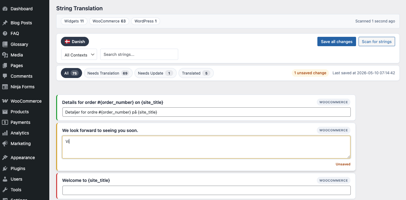 String translation page showing scanned translatable strings grouped by context with inline translation inputs per active language