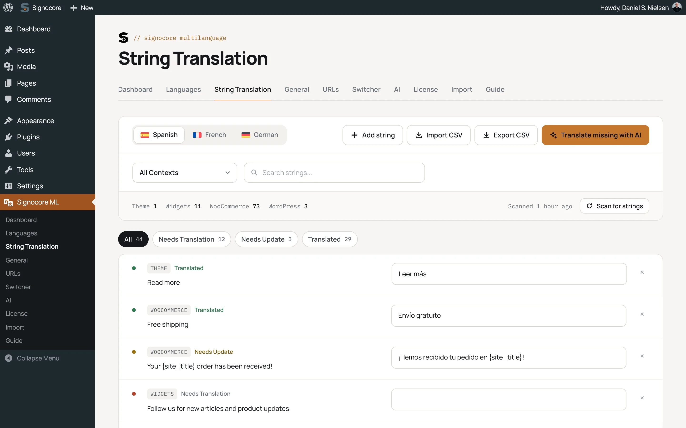 String Translation with Spanish selected: theme, WooCommerce, widget and WordPress strings with their Spanish translations, status filters and a Translate missing with AI button