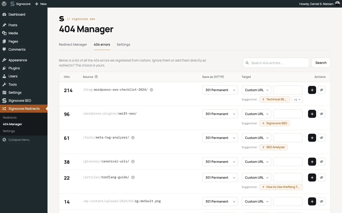 The 404 manager with missing addresses, hit counts and suggested targets