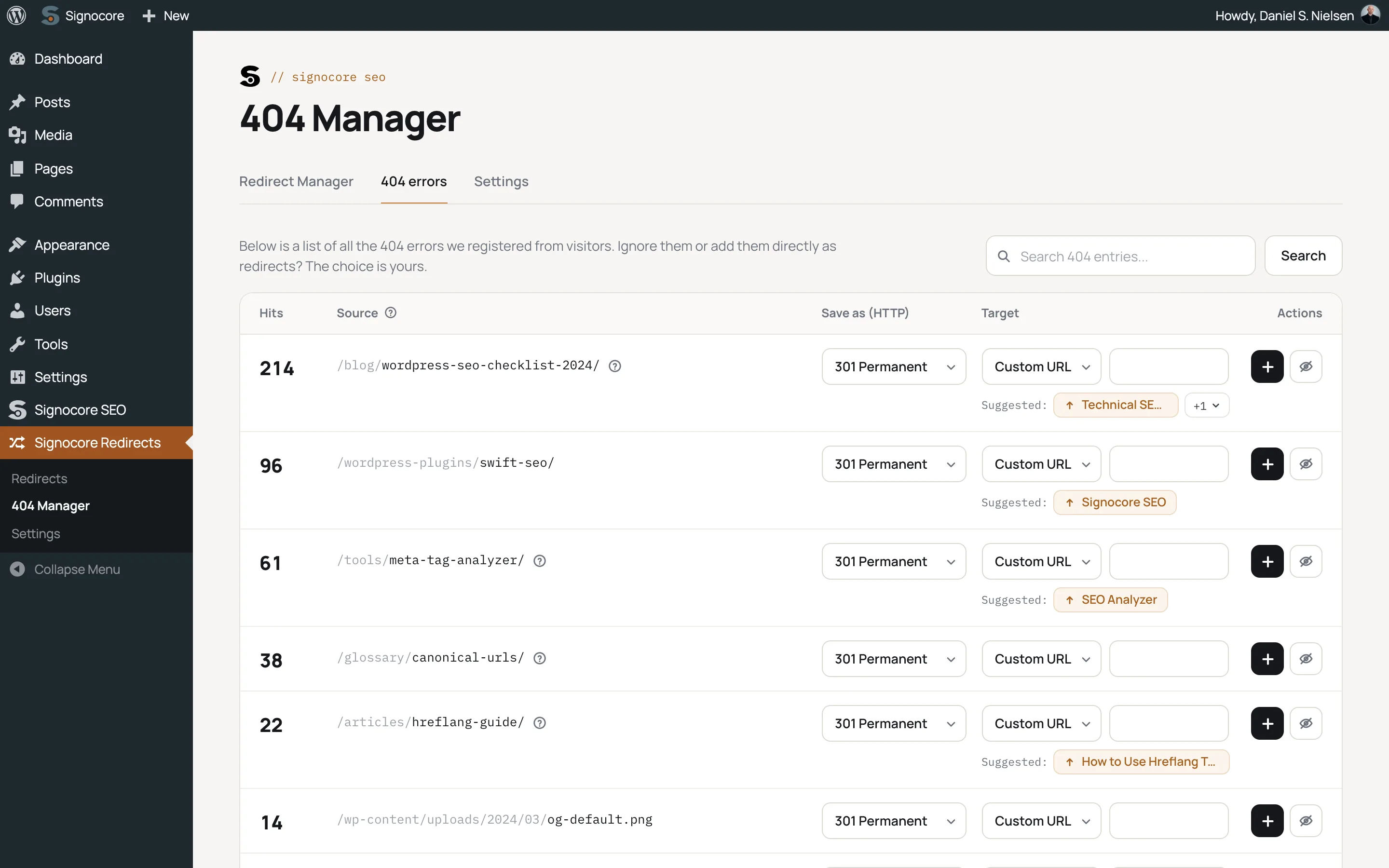 The 404 Manager listing missed URLs by hits, each with a redirect type, a target field and suggested pages to redirect to
