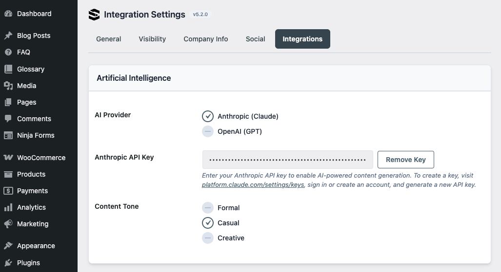 Settings → Integrations tab showing AI provider radio (Claude / OpenAI), API key field, and content tone selector