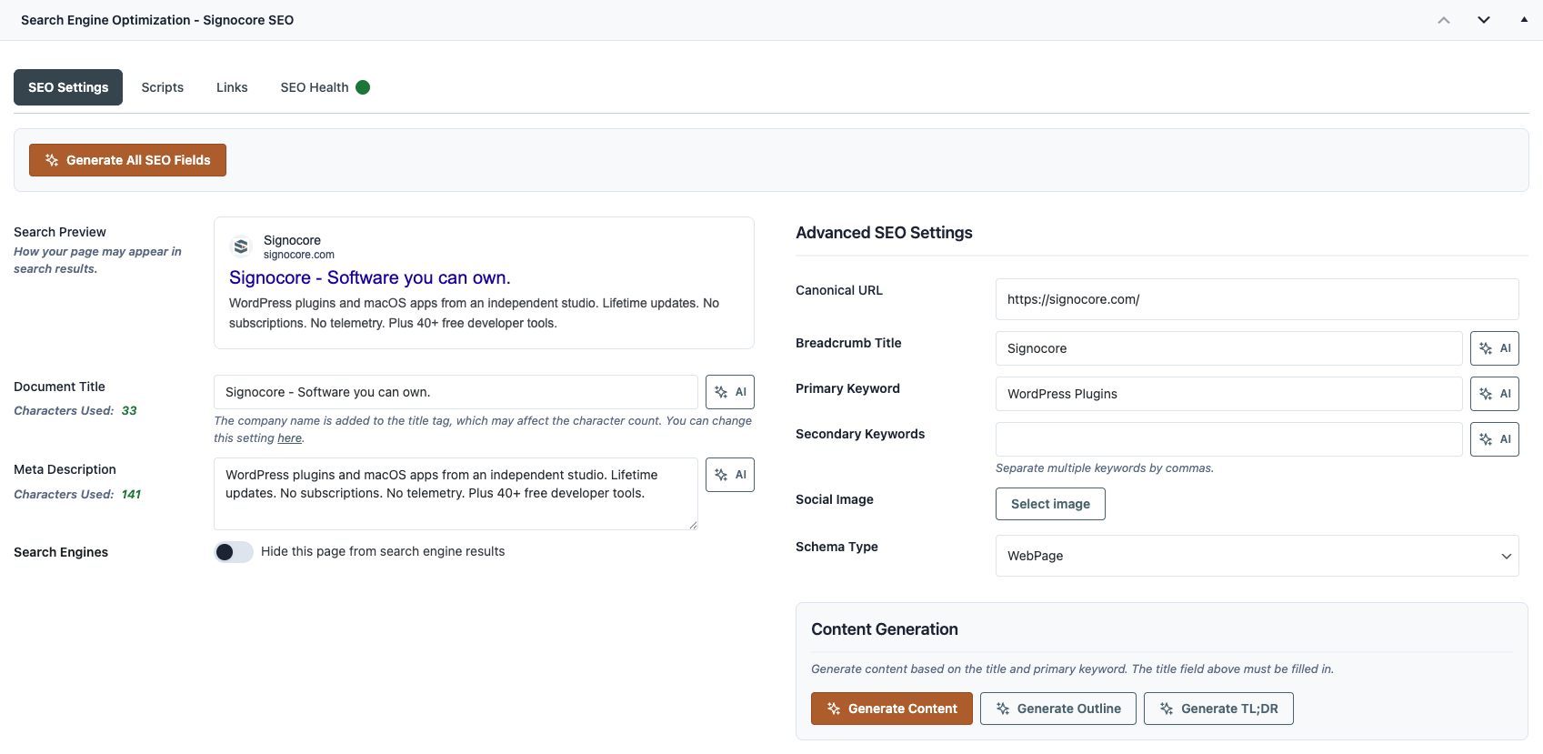 Post editor SEO Settings tab open, showing meta title field, description textarea, focus keyword input, schema type dropdown, and canonical URL field