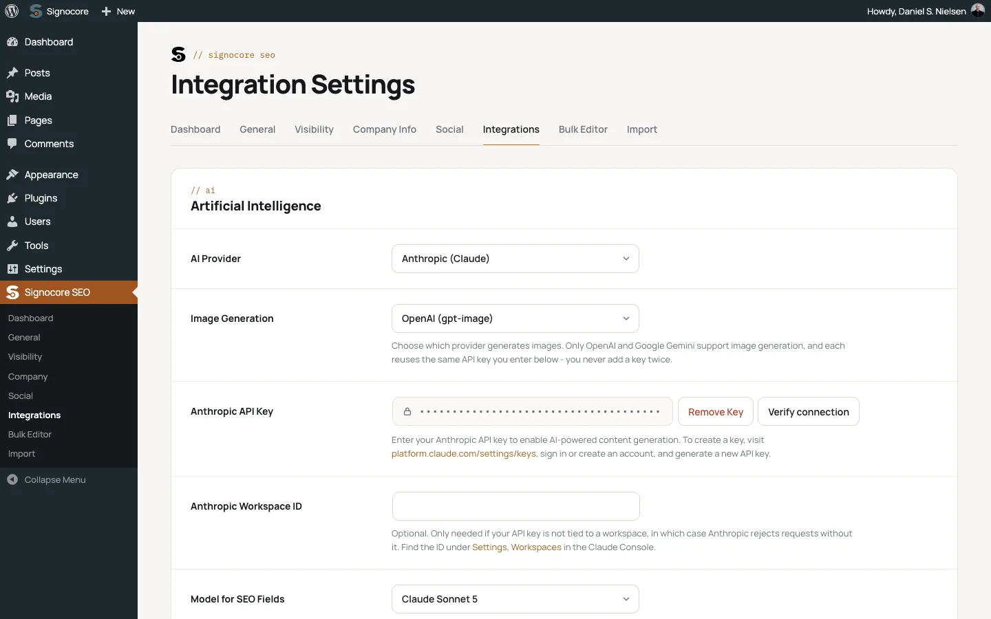 The Artificial Intelligence card under Signocore SEO → Integrations