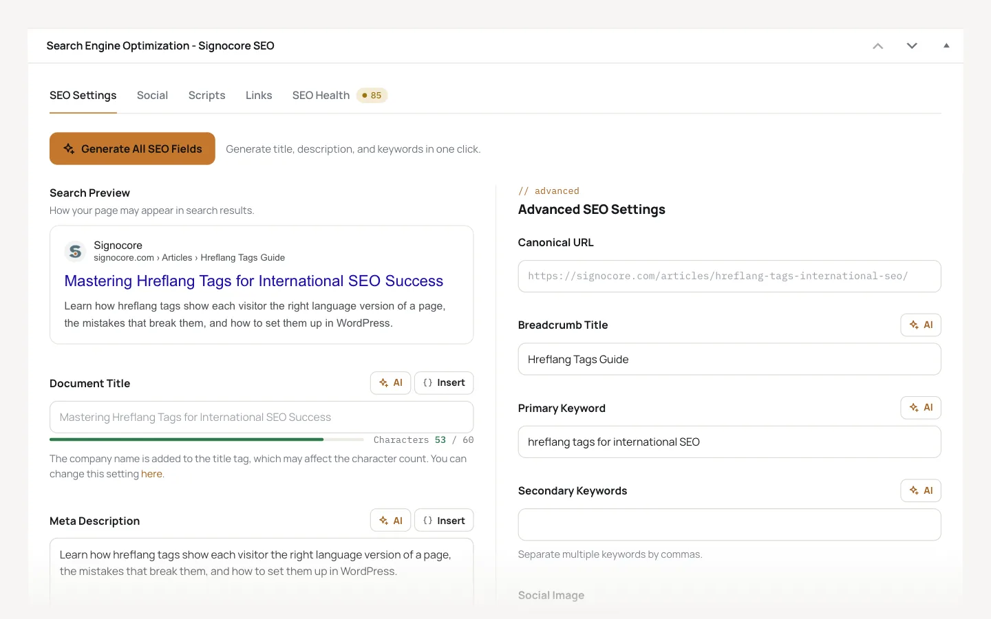 The Signocore SEO box in the post editor, with the search preview, Document Title and Meta Description fields with character counters, and the advanced settings for canonical URL, breadcrumb title and keywords