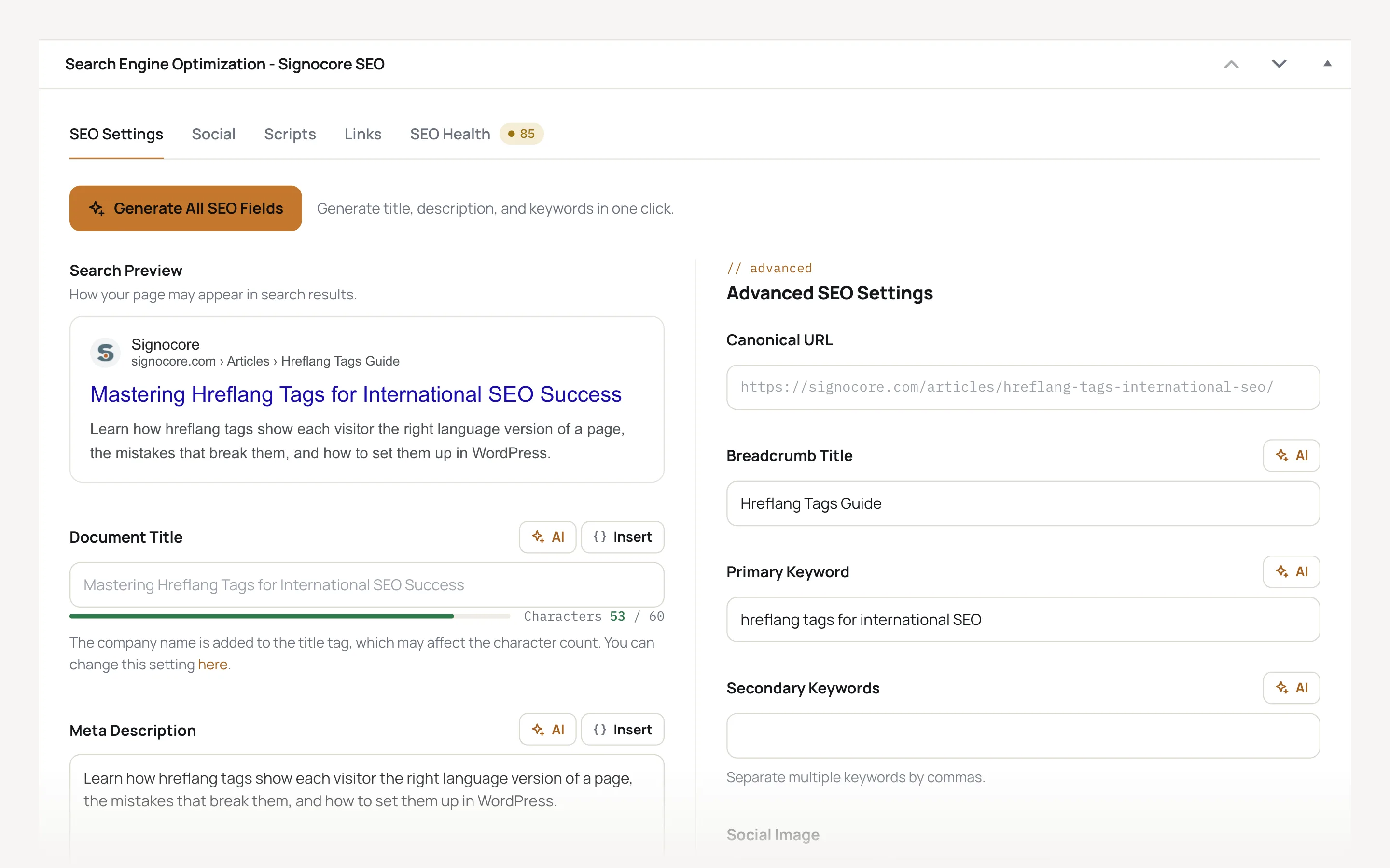 The Signocore SEO metabox in the post editor: a search preview for signocore.com, document title and meta description with character counters, AI buttons, and advanced settings for canonical URL, breadcrumb title and keywords