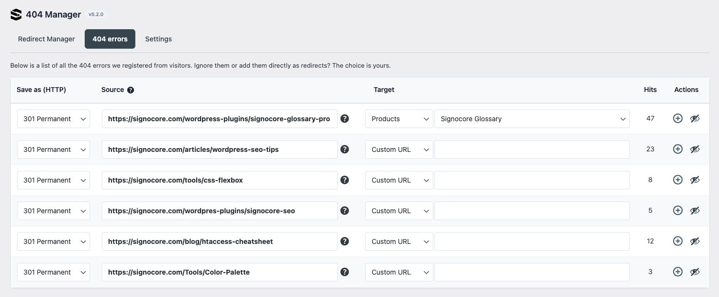 404 Manager page showing logged 404s in a table with columns for URL, hits, referrer, and last hit, plus action buttons for ignore and create-redirect on each row