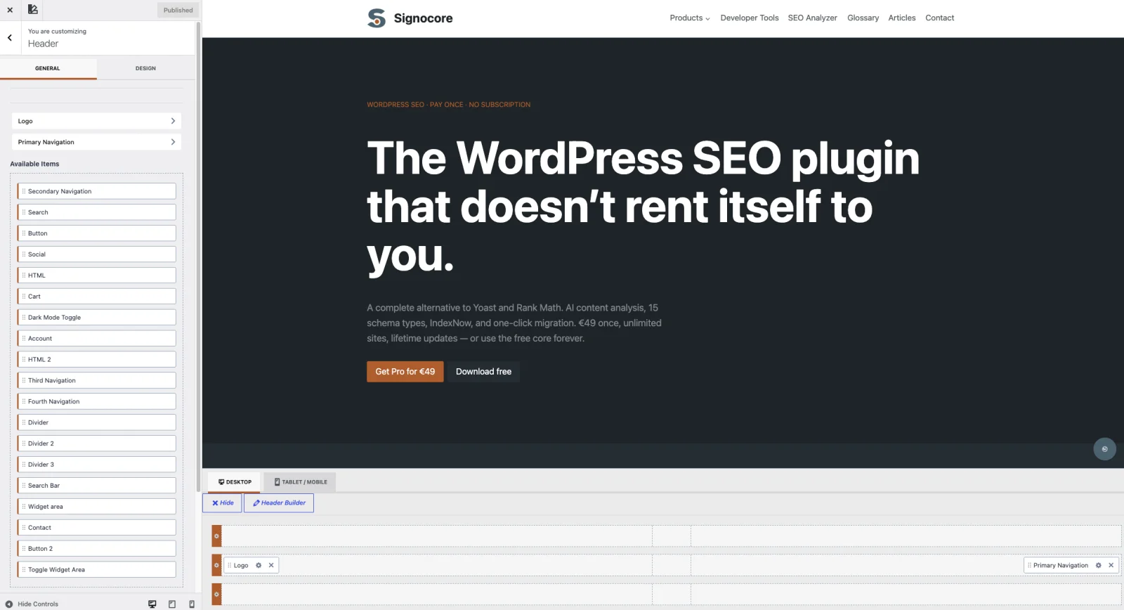 Signocore Slate header builder in the WordPress customizer, showing draggable rows with logo, navigation, search, and cart elements