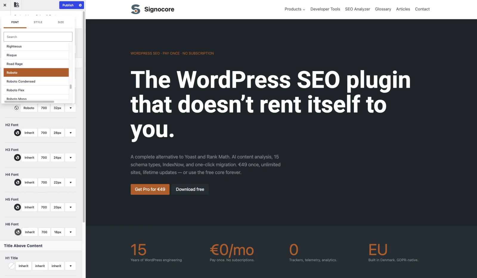 Signocore Slate global typography controls in the WordPress customizer, with the font picker open and per-heading font settings