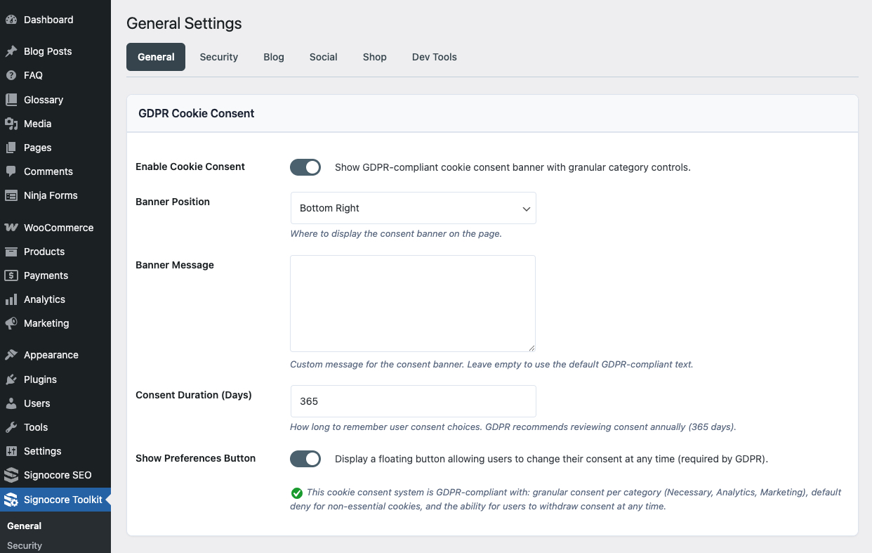 Settings → Signocore Toolkit → General tab showing Cookie Consent module: enable toggle, banner position selector (bottom-right/bottom-left/bottom-full), banner message textarea, consent duration in days, and show preferences button toggle
