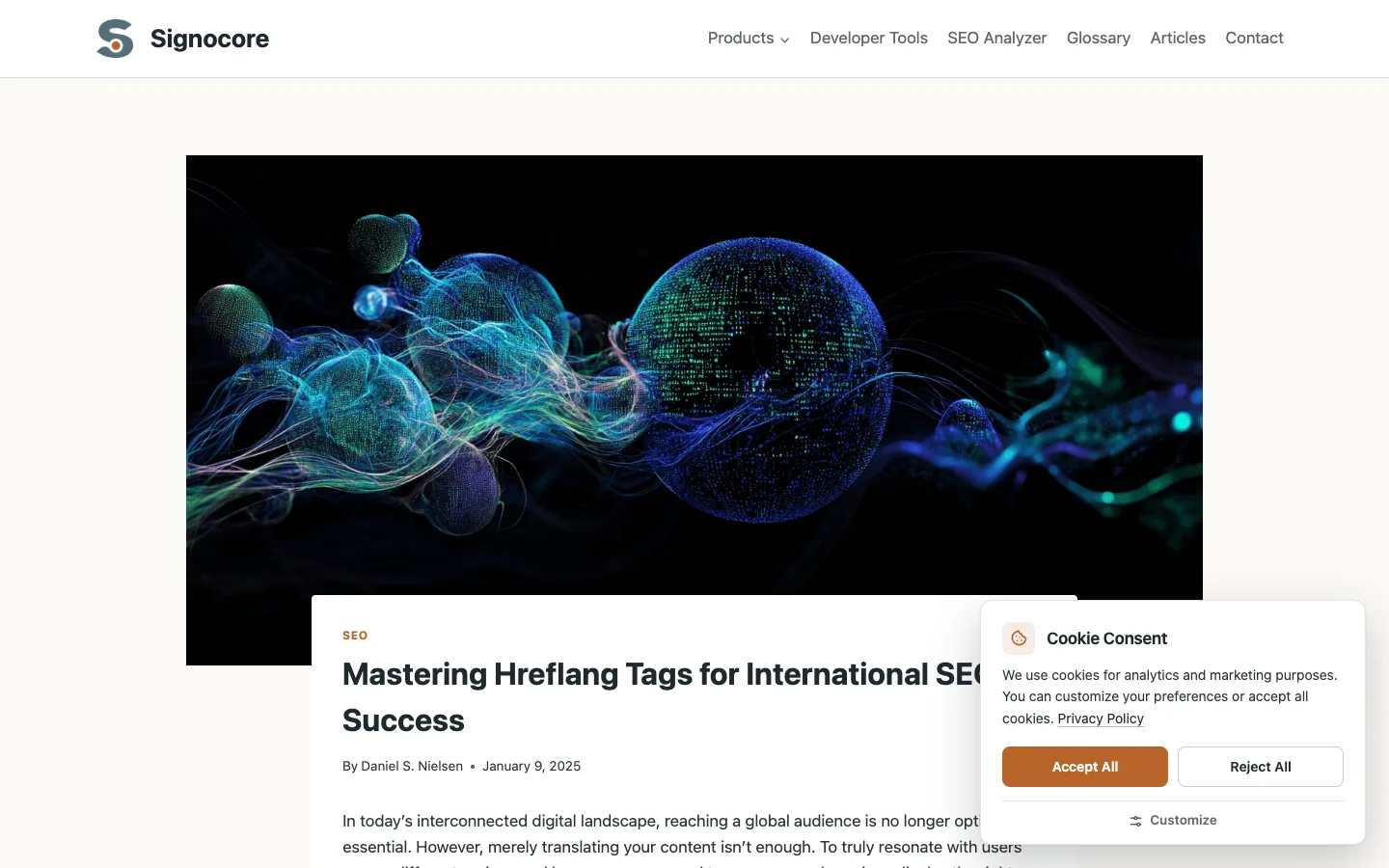 A blog post with the Signocore Toolkit cookie consent banner in the bottom right corner