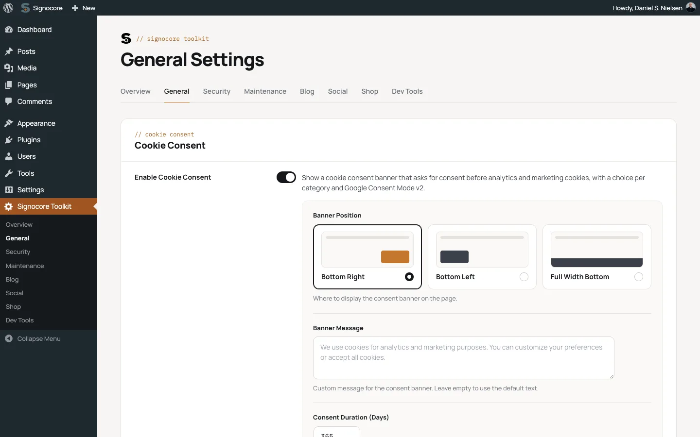 General Settings with Cookie Consent enabled: banner position, banner message, consent duration and the preferences button