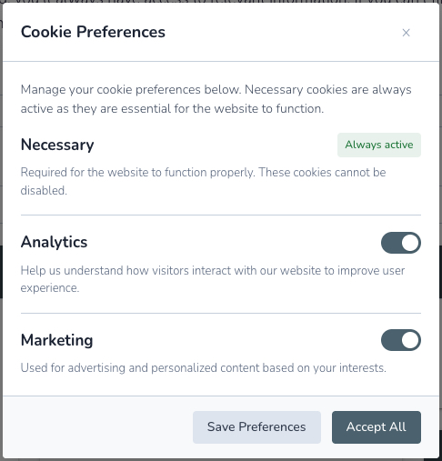 Frontend website with cookie consent banner pinned at bottom of viewport: category toggles, accept and reject buttons, link to preferences