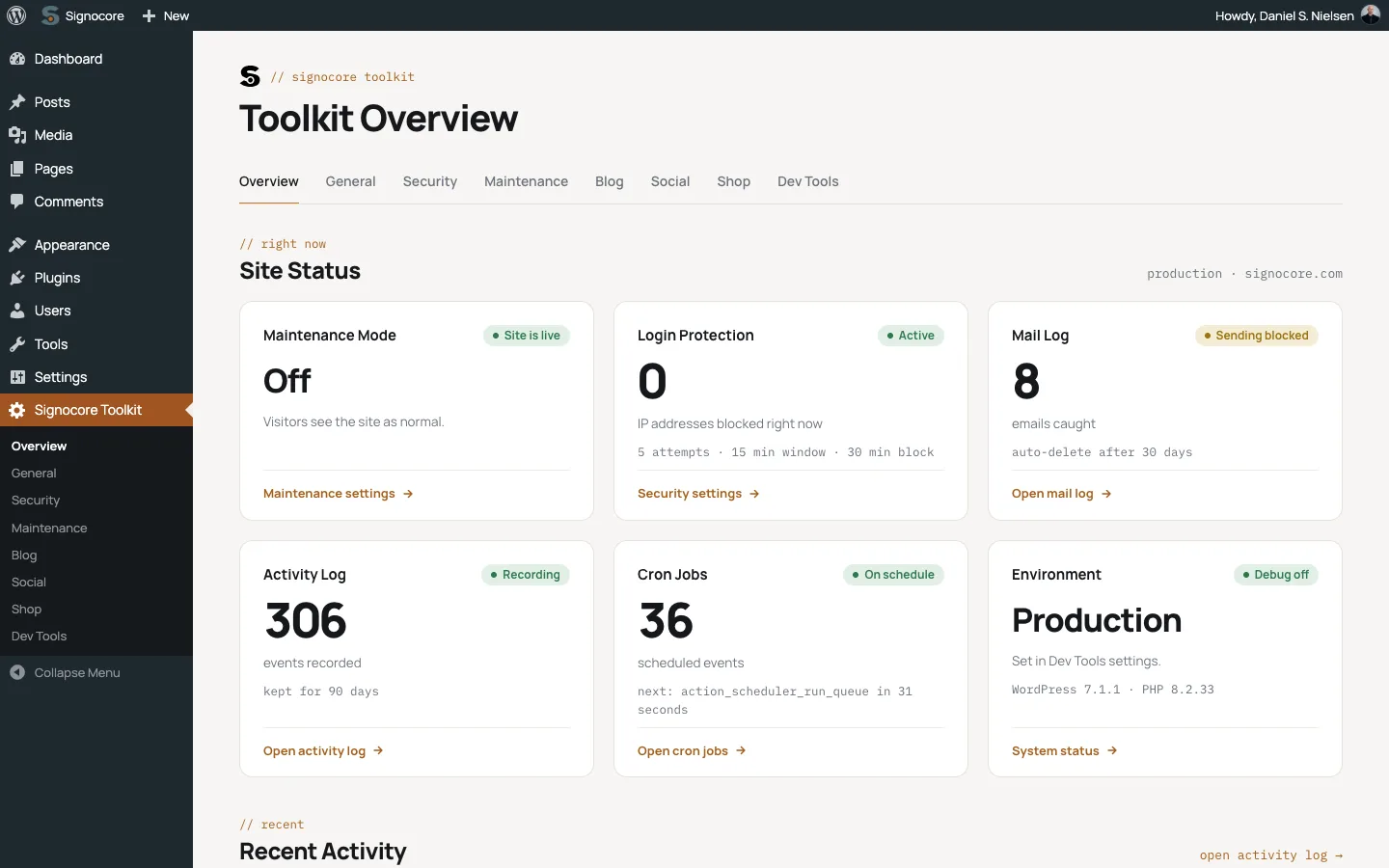 Toolkit Overview: site status cards for maintenance mode, login protection, the mail log, the activity log, cron jobs and the environment, above recent activity