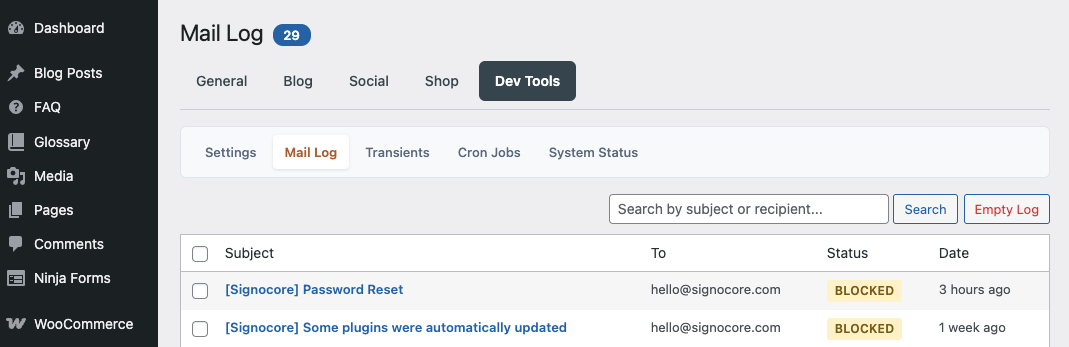 Dev Tools → Mail Log subtab showing intercepted emails table with columns subject, recipient, sent at; one row expanded showing the email preview